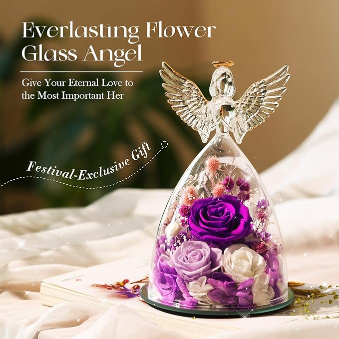 Christmas Roses Gifts for Mom,Preserved Real Flowers Roses in Glass Angel Figurines, for Grandma Women Mom Wife Mother in Law/Purple