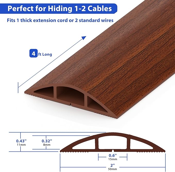 Floor Cord Cover 4ft, Brown Walnut Wood Cord Hider Floor Hide Extension Cords, Floor Cable Management Floor Cable Cover Wire Covers for Cords, Cable Protector Cord Cavity W0.6in x H0.32in