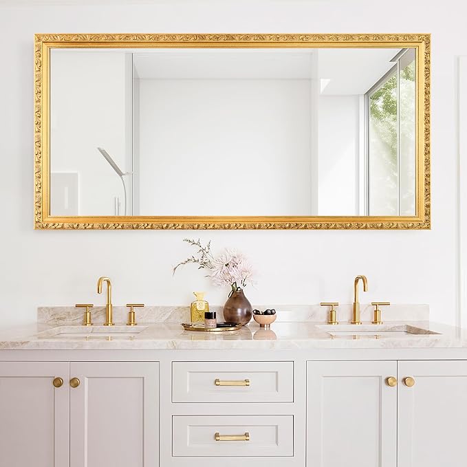 Large Decorative Mirror for Wall Decor, 59''x 29'' Gold Antiuqe Living Room Mirrors with Ornate Carvings Wood Frame, Big Vanity Mirror for Bathroom, Horizontal/Vertical