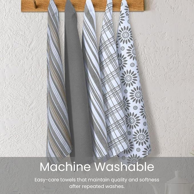 Assorted Kitchen Towels - Grey Kitchen Towels, Set of 5, 16x26 in - Absorbent 100% Cotton Dish Towels with Hanging Loop - Waffle Weave Tea Towels for Drying Dishes, Glassware & Counters
