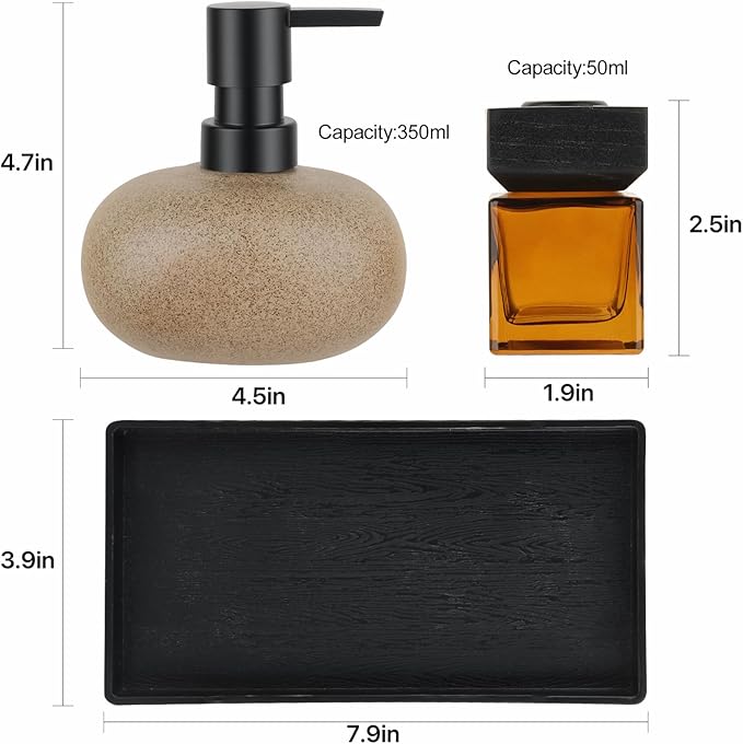 Bathroom Countertop Soap Dispensers Set, 300ml Ceramic Soap Dispenser with Amber Glass Bottle & Black Tray, Brown Ceramic Hand Soap Dispenser for Kitchen and Bathroom Counter