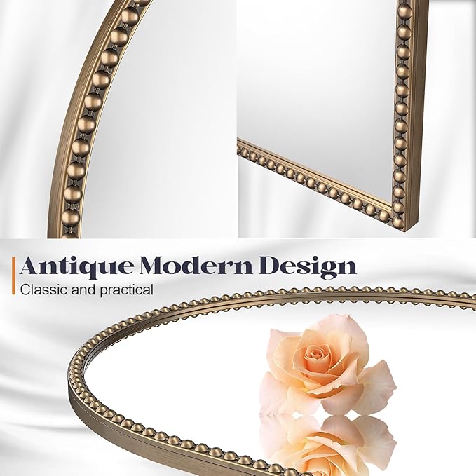 Arched Beaded Mirror for Bathroom, 24"x38" Antique Gold Arch Vanity Wall Mirror, Retro Brass Metal Frame Champagne Bronze Mirrors for Bedroom Dressing Room Entryway Fireplace