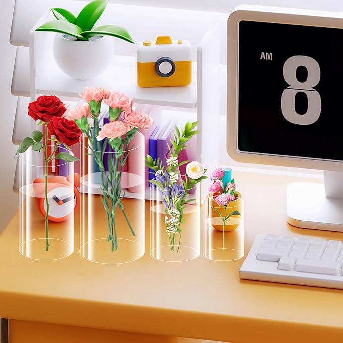 48 Pack Acrylic Cylinder Vases 4,6,8 10 Inch Tall Clear Acrylic Flower Vase Bulk Floating Candle Holders Cylinder Plastic Vases for Centerpiece Table Wedding Home