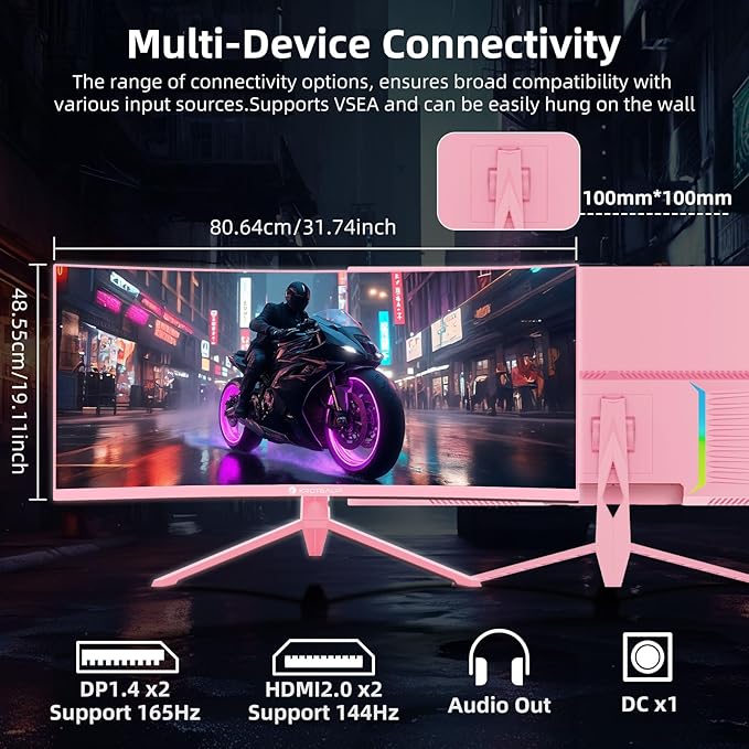 Pink 34 Inch Curved Gaming Monitor, 3440x1440 165Hz Ultrawide Computer Monitor, HDR400 1500R -Pip 1ms(Mprt) ‌125% sRGB, Dci-P3 92%, HDMI/DP, Port, Suitable for Games and Office Work