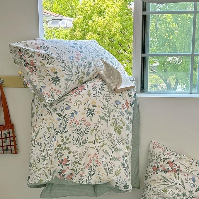EAVD Vintage Style Garden Floral Duvet Cover Twin Girls Soft Cotton Chic Shabby Colorful Leaves Floral Bedding Set with 2 Pillowcases Fresh Botanical Duvet Cover with Zipper Closure