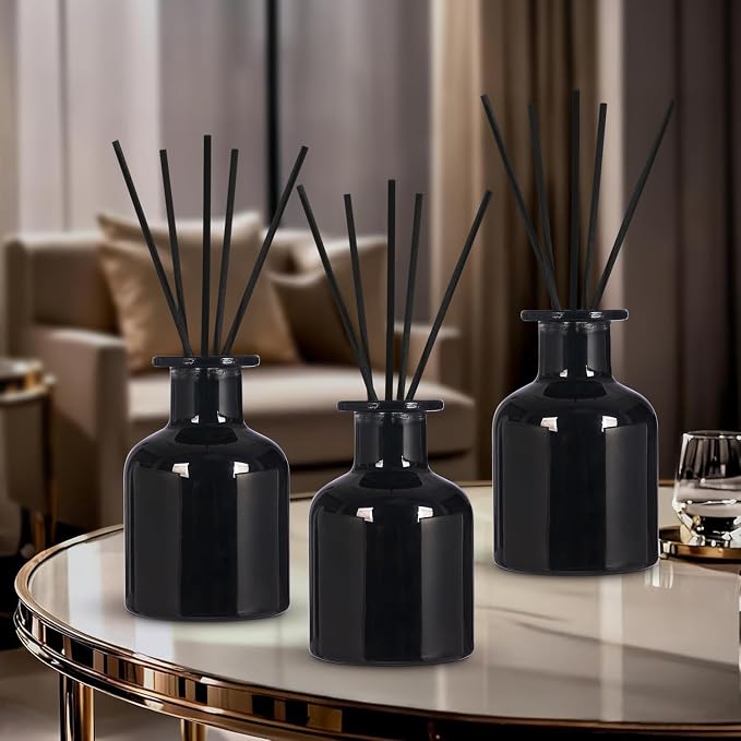 4 Pack Perfume Reed Diffuser Bottle,Empty Big Belly Aromatherapy Essential Oil Bottles Glass Jar with Black Sticks for DIY Fragrance Replacement Diffuser Sets (150ml/ 5 oz, Black Color)