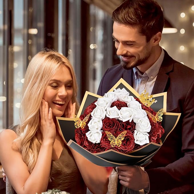 36+20 Glitter Roses Bouquet, DIY Fake Flowers Bouquet, Craft The Initials of Your Loves' Name with Artificial Rose Bouquet for Valentines, Anniversary, Wedding, Red & White