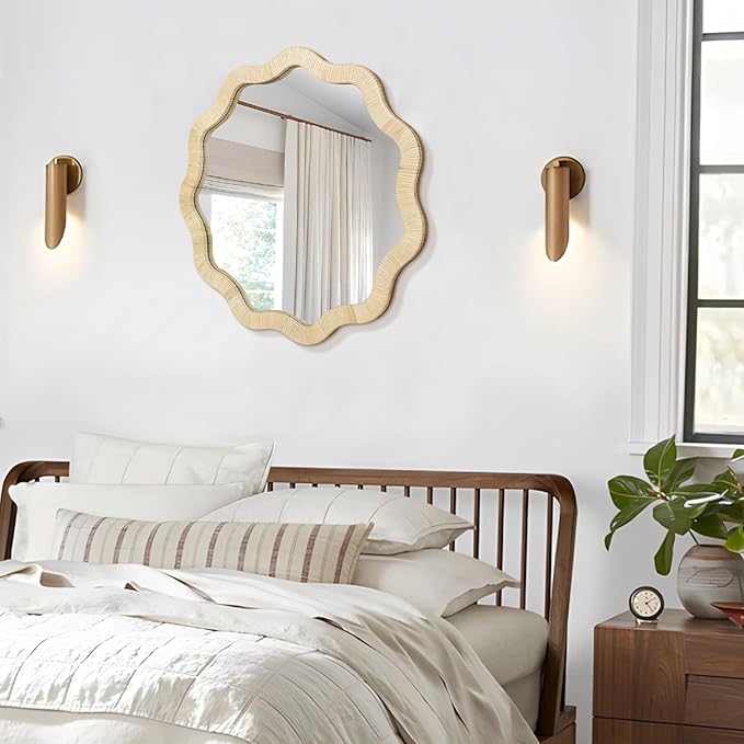 ULIKE Rattan Wicker Mirror for Bathroom, 30 Inch Boho Woven Decorative for Wall, Rustic Farmhouse Vanity Mirror, Geometric Scalloped Rattan Mirrors for Living Room Entryway Bathroom Bedroom