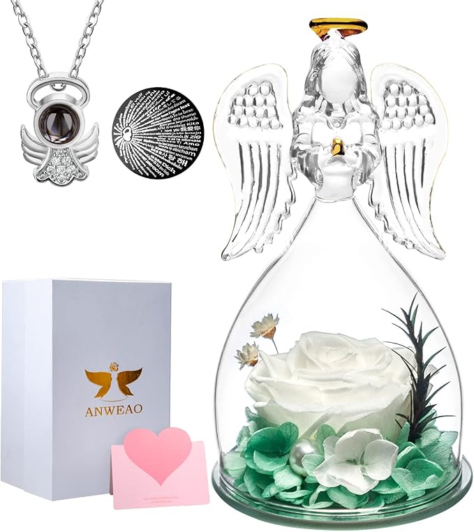 ANWEAO Mom Birthday Flowers Gifts for Mom,Glass Angel Figurines Preserved Real Rose with I Love You Necklace in 100 Languages, Valentines Rose Gifts for Women,Gifts for Her Grandma Unique Flower Gift