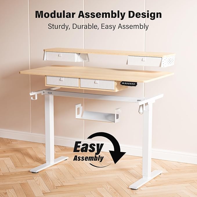 Electric Standing Desk with 4 Drawers 40''x 24'' Small Adjustable Height Sit to Stand Up Desk with Storage Shelf, C-Clamp Mount Compatible Black Home Office Desks Computer Desk Ergonomic Workstation