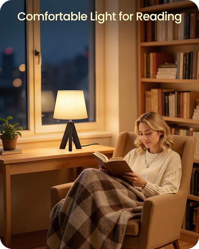 Small Table Lamp for Bedroom, 14.6" Bedside Lamp with White Linen Shade and Walnut Wood Tripod Base, Modern Nightstand Lamp for Living Room, Nursery, Entryway, E26 Socket, VW51TL05