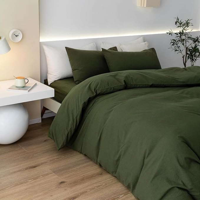 JIYUAN 100% Washed Cotton Duvet Cover Set 3 Pieces Queen, 1 Duvet Cover 90x90 Inches(Comforter Not Included) and 2 Pillowcases,Linen Feel Bedding Set Comfy and Breathable,Olive Green