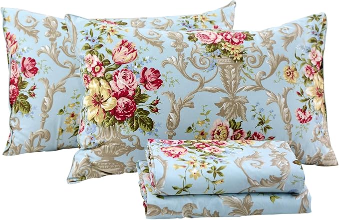 FADFAY Shabby Floral Bedding Elegant Peony Sheets Set Luxury Bedding Collections 800 Thread Count 100% Egyptian Cotton Deep Pocket, 4 Piece-Full Size