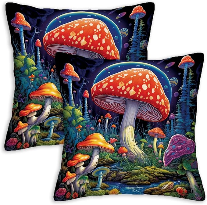 Mushroom Throw Pillow Covers 18x18 Set of 2, Hippie Decorative Square Cushion Cases for Sofa and Couch, All Seasons Pillowcases for Living and Bed Room