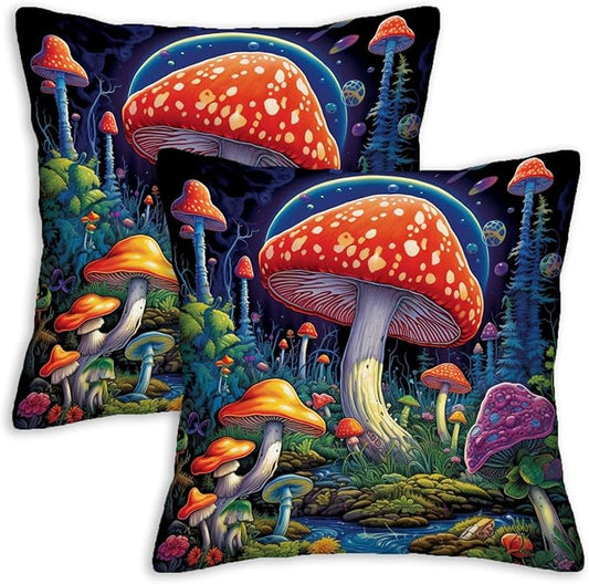 Mushroom Throw Pillow Covers 18x18 Set of 2, Hippie Decorative Square Cushion Cases for Sofa and Couch, All Seasons Pillowcases for Living and Bed Room