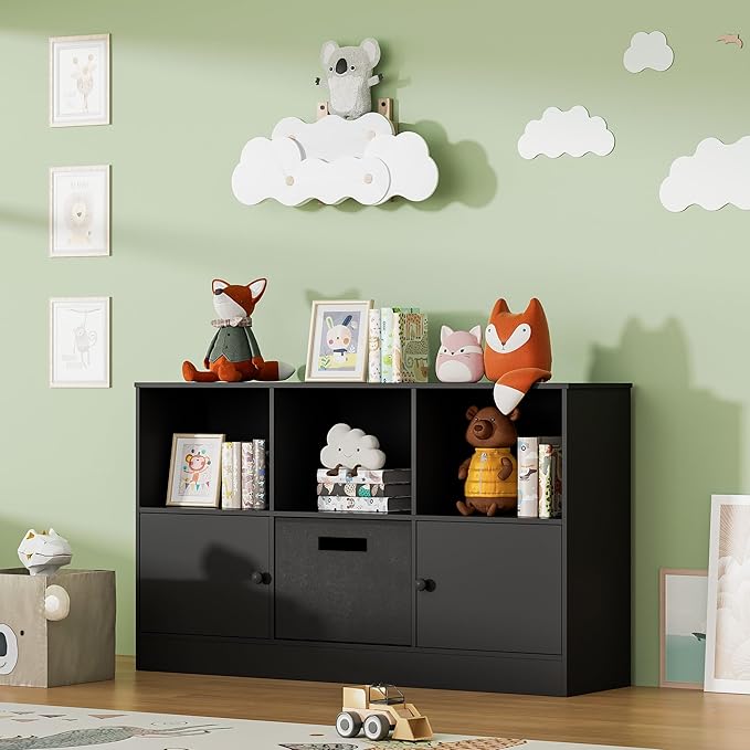 2-Tier Open Bookcase with 2 Doors, 6-Cube Wooden Bookshelf with Fabric Drawer, Floor Standing Display Cabinet Organizer, Kids Open Shelf Low Bookcase for Living Room, Bedroom, Office, Black