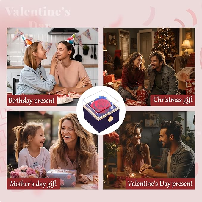 Forever Rose Gifts for Her,Preserved Real Red Flowers Rotating Box with I Love You Necklace 100 Languages,Mothers Day Eternal Rose Rotating Jewelry Box Gifts for Women Mom Wife Girlfriend