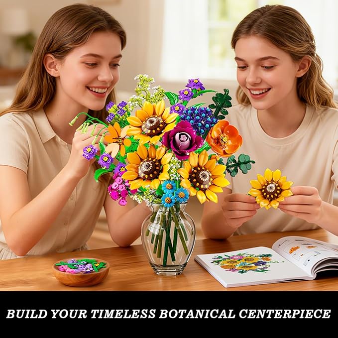 Wild Flowers Bouquet Building Set with Lights - Wildflower 18 Flower Botanicals Collection Building Blocks Sunflower Rose Violet Plants Home Decor Gift for Her Adults Women Girls 12+ (912PCS)