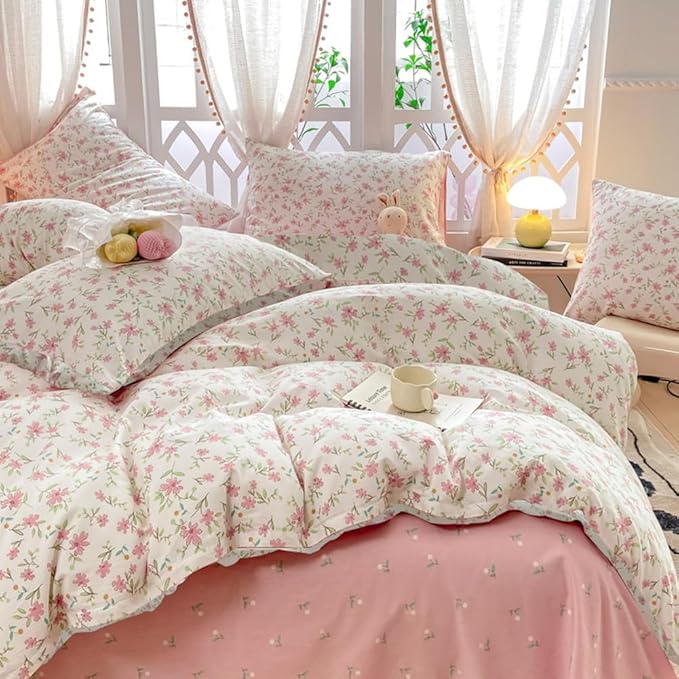 VM VOUGEMARKET Girls Comforter Set Twin Pink Flower Bedding Set Teen Girls Tiny Floral Comforter with 2 Pillowcases(3pcs,Twin XL)-AA Version