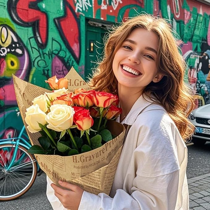 WRAPAHOLIC 20 Sheets Kraft Flower Wrapping Paper - 19.6 x 27.5 inch Retro Coffee Lettering Floral Bouquet Wrapping, Florist Supplies Packaging Paper for Wedding Birthday Gift DIY