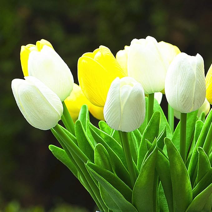 ENOVA HOME 20 Pieces Artificial Real Touch Tulips Flower Arrangement in Glass Vase with Faux Water for Home Decoration (White Yellow)