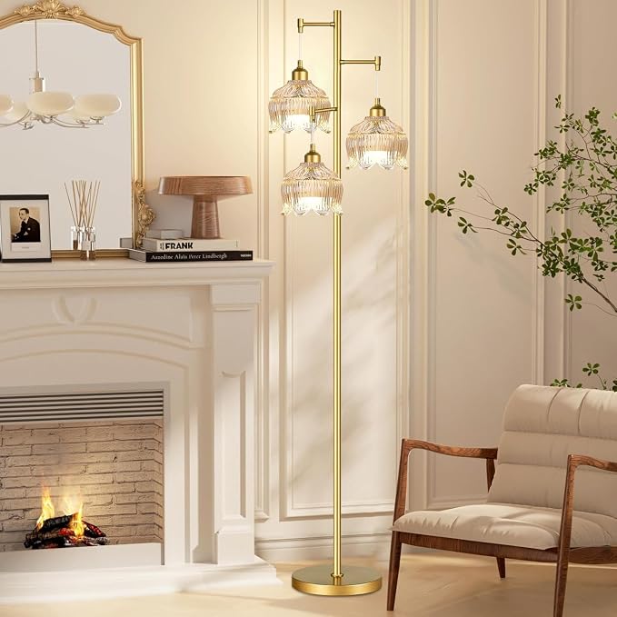 ILLMTW Gold Floor Lamp for Living Room,Bedroom,Mid Century Modern Standing Lamp Brass Tree 3 Light Tall Floor Lamps Vintage Retro Floor Lights Glass Amber Flower Lamp Shade Farmhouse Boho Bohemian