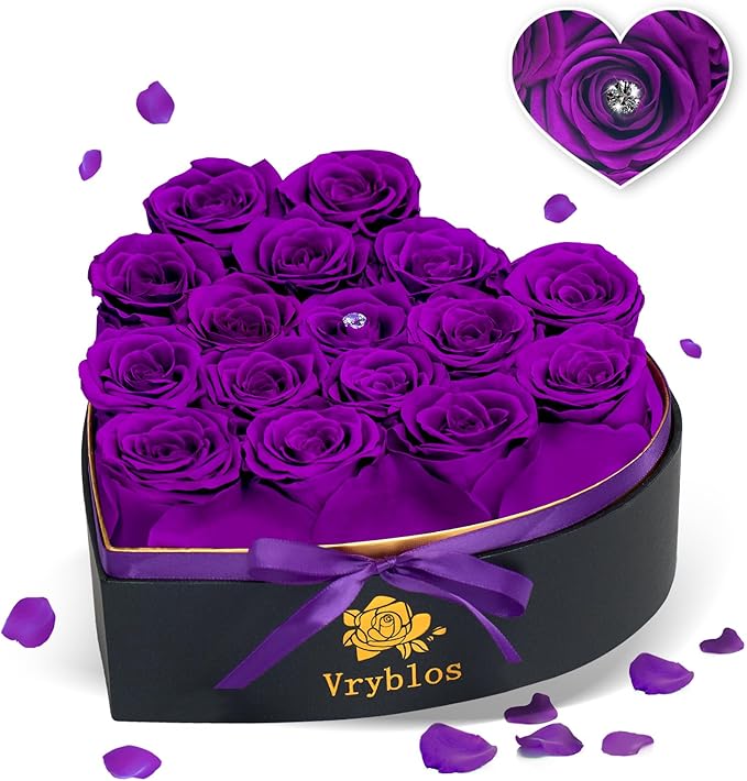 16 Pieces Forever Flower Heart Shape in a Box Preserved Blue Roses for Delivery Grade A Quality 100% Real Immortal Flowers Eternal Birthday for Her Mom Women Wife Girlfriends (Purple)