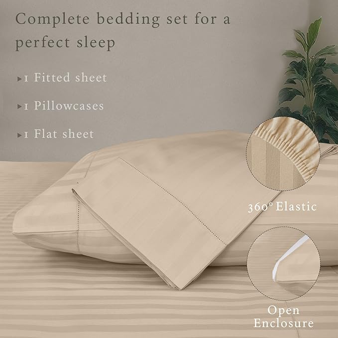 Threadmill 500 Thread Count Twin Size Damask Stripe, 3 Pc Luxury Cotton Bedding Set, Breathable Light Beige Sheets with 15" Elasticized Deep Pocket, 1 Pillowcase & Free Tote Bag