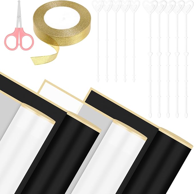 Glarks 52pcs Flower Wrapping Paper Set, Including 40 Sheets White and Black Waterproof Bouquet Wrapping Paper, 10pcs Floral Pick Card Holders, 1 Roll Ribbon and 1pcs Pink Scissors for Flower Shop