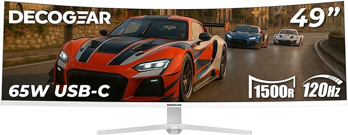 Deco Gear 49" Curved Ultrawide 5K Gaming Monitor, 32:9, 120 Hz, 101% NTSC 100% sRGB, USB-C 65W, Adjustable, Home Office and Entertainment Workstation - Exclusive White Edition