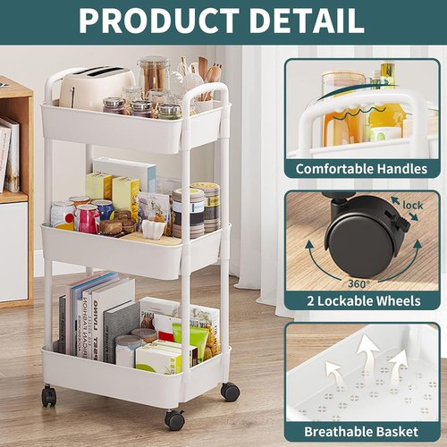 EZ COZY 3-Tier Rolling Cart - Versatile Plastic Organizer with Wheels for Nursery, Kitchen, and More | White