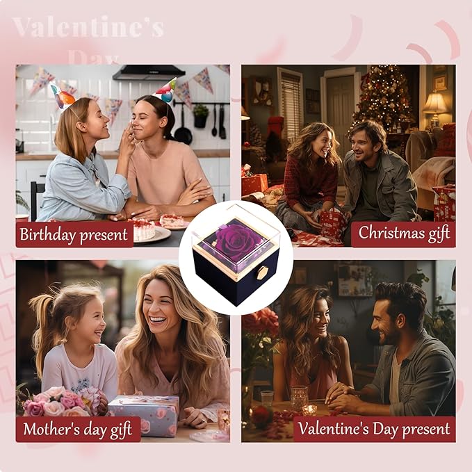 Preserved Real Purple Forever Rose Rotating Box with I Love You Necklace 100 Languages,Forever Flowers Rotating Jewelry Box Gifts for Women Mom Wife Girlfriend,Mothers Day Birthday Anniversary