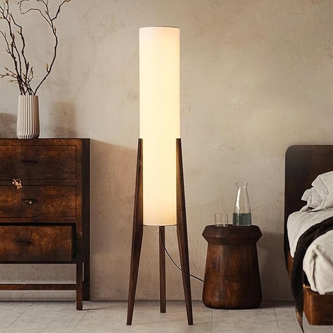 Wabi-sabi 50" Wooden Tripod Floor Lamp Linen Floor Lamp Paper Lantern Inspired Fabric Standing Lamp With E26 3-Color Temperatures Solid Wood Tall Light For Living Room Bedroom (Includes Bulb)