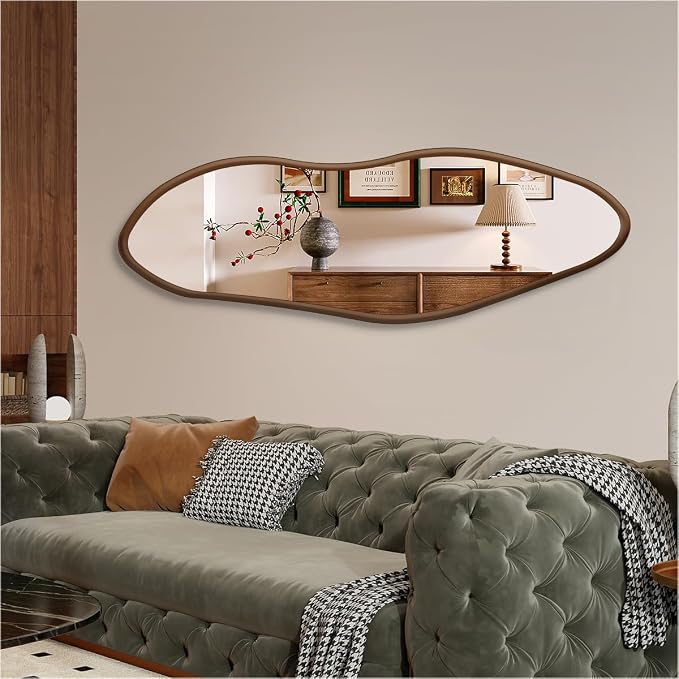 22" x 65" Irregular Full Length Mirror Wall Mounted, Walnut-Colored Wood Framed Mirror, Asymmetrical, Decor Bedroom, Dressing Room, Hallway, Living Room, Entryway, Horizontal/Vertical