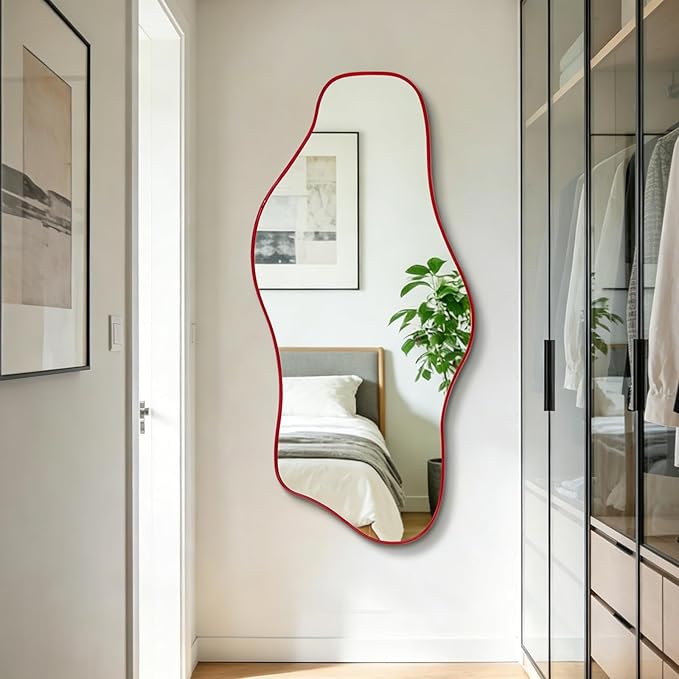 Large Irregular Mirror, 54.5"x24" Red Asymmetrical Tempered Glass Mirror, Modern Organic Shape Frameless Mirrors for Entryway Hallway Bedroom Living Room, Horizontal or Vertical Hanging
