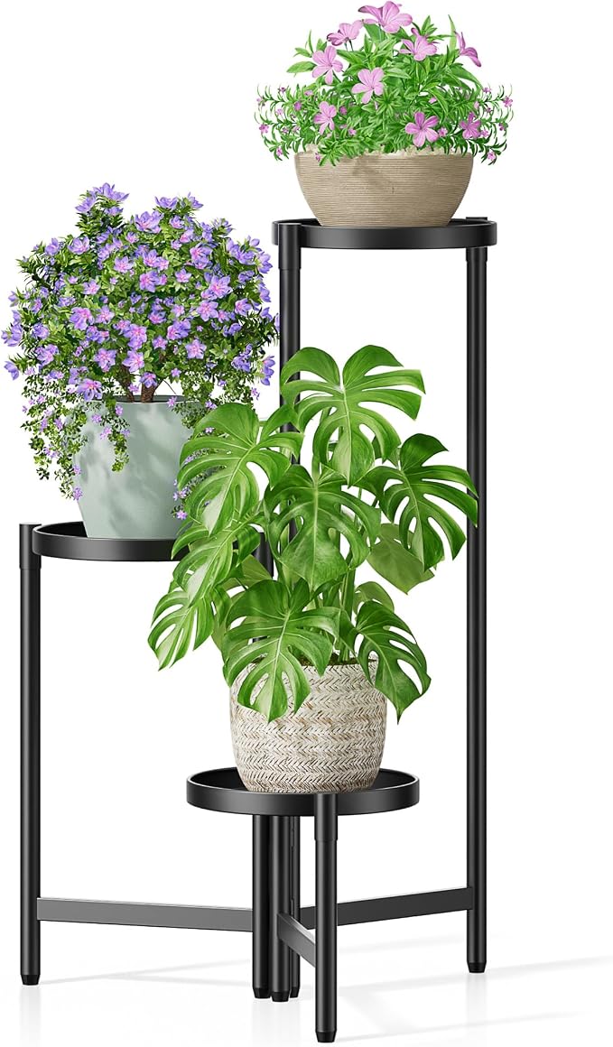 3 Tier Large Plant Stand Indoor with 7.9 Inch Wide Tray, Tiered Corner Metal Outdoor Flower Holder Stand, Folding Tall Rack for Display Shelf for Patio Porch Balcony - BlackDisk