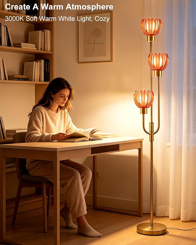 Lightdot 3-Lights Modern Glass Floor Lamp Gold Dimmable Floor Lamps with 3000K Warm White Bulbs for Wedding Party 66IN Tall Standing Lamp with Deep Red Glass Shade for Living Room/Bedroom/Home Decor