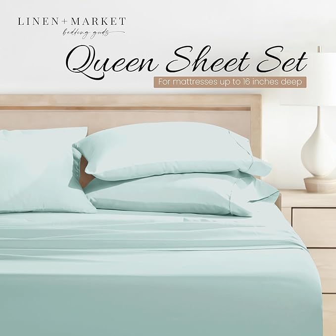 Linen Market Brushed Microfiber Queen Sheet Set 4 Piece – Oeko-TEX Certified Ultra Soft & Wrinkle-Free - 16" Deep Pocket Sheets - Easy Care Queen Size - Aqua