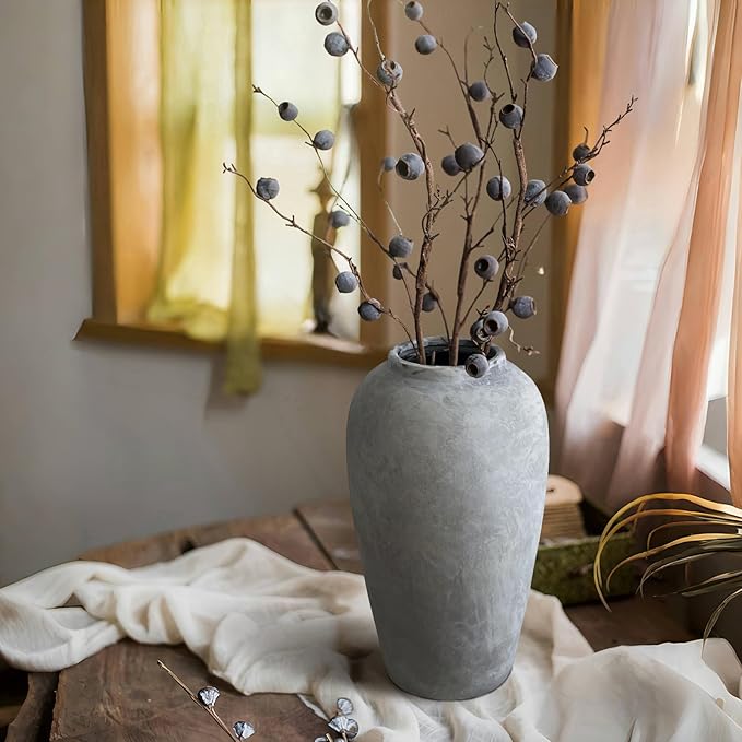 12 Inch Ceramic Rustic Vase, White Grey Farmhouse Flower Vases for Centerpieces & Home Decor, Handmade Pottery Vase for Living Room, Bedroom & Wedding Decor, Vintage Ceramic Vases for Gifts