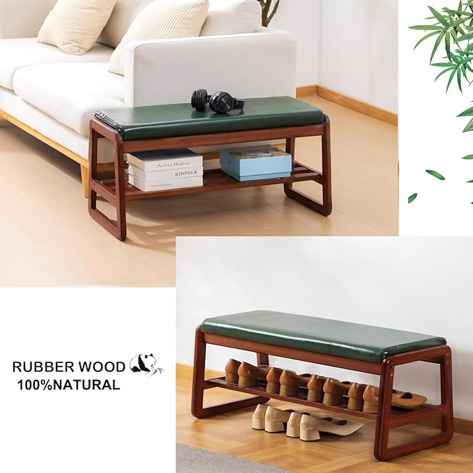 latifolia Solid Wood Bench, Entryway Shoe Bench with Cushion, 2 Tier Shoe Storage Organizer for Hallway, Living Room(Green,31.50''L)