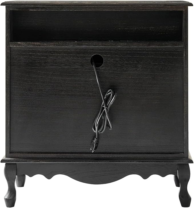 HULALA HOME Transitional Side Table with 3 Drawers and Charging Station, 28" Solid Paulownia Wood Sidetable with Vertical Stripe, Charcoal