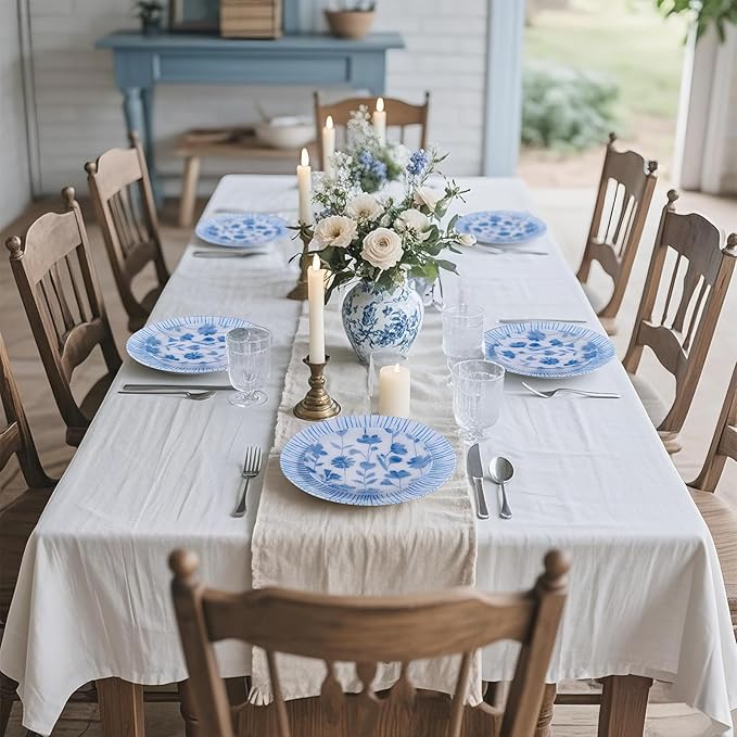 U-QE 20Pcs Blue Plastic Plates - Botanical Stripes Hanukkah Plates Disposable Heavy Duty, Fancy Floral Pattern Perfect for Hanukkah, Tea Parties, Holidays - 10.25" Dinner & 7.5" Dessert Plate
