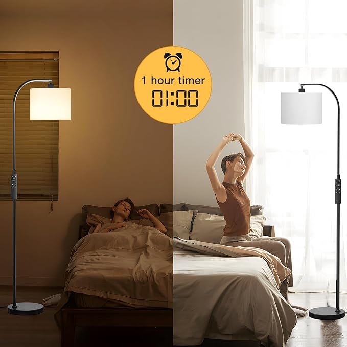 Ambimall Arc Floor Lamp with Remote and Stepless Dimmable Bulb, Colors Temperature & Brightness Adjustable, Floor Lamps for Living Room（White Shade & Black Pole）