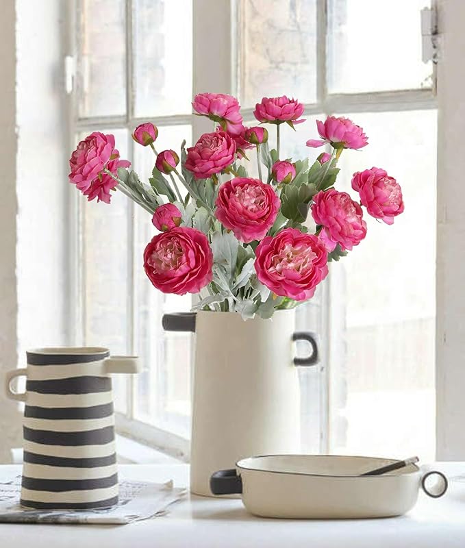 IPOPU Hot Pink Flowers Fake Peonies Artificial Ranunculus Flowers 6pcs 18Heads Hot Pink Silk Flowers 20.47" for Faux Floral Arrangements Wedding Bouquets Home Table Decor