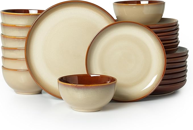 Pokini Ceramic Dishes Set for 8, 24 Piece Stoneware Dinnerware Sets, Chip and Scratch Resistant, Easy to Stack & Clean, Modern Rustic Look, Brown Yellow