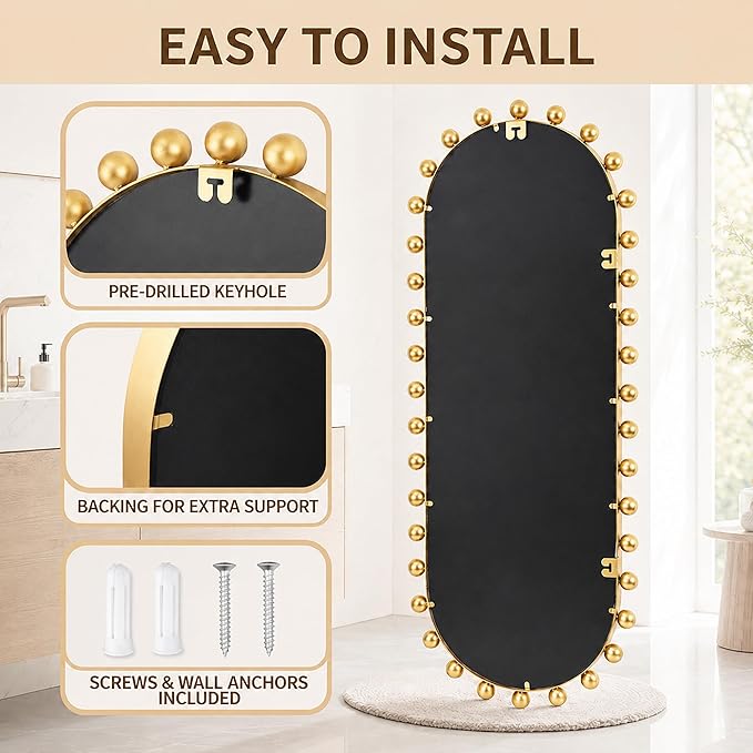 Oval Full-Length Wall Mounted Mirror 20" x 51", Antique Gold Beaded Beveled Mirror with Ball Frame, Vertical & Horizontal Hanging Wall Mirror for Bathroom, Bedroom, Dressing Room, Entryway