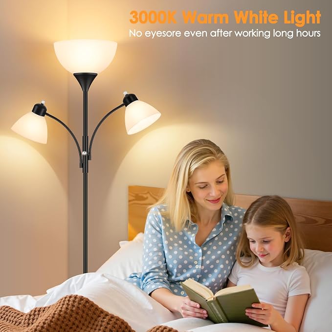 Coucrek Torchiere Floor Lamps for Living Room,72" Dimmable Lamp with 2 Adjustable Reading Lights for Bedroom, Black Tall Standing Room Lamp, 3 Bulbs Included