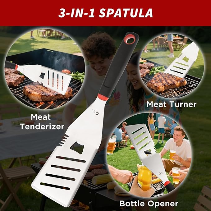 CuCut BBQ Tools Set, 4 PCS Heavy Duty Stainless Steel Spatula, Fork, Tongs with Portable Bag, Essential Accessories for Barbecue Outdoor Grill, Grilling Gifts for Men Dad Camp Chef