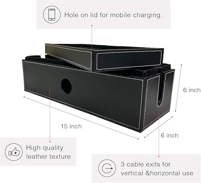 NEET Cable Management Box Large, Computer Cord Organizer, Hide and Conceal, Power Cable Organizer, Computers and Desks, Black Stitched Leather