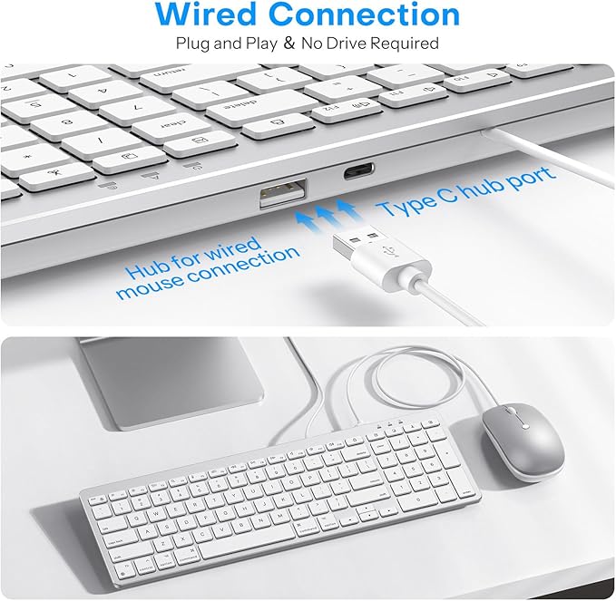 OMOTON Keyboard and Mouse for Mac, Wired Keyboard with Numeric Keypad Dual Interface (Type-C & USB), Mouse with USB A Interface Compatible with MacBook Pro/Air, iMac, Mac mini/Pro Laptop, Silver White